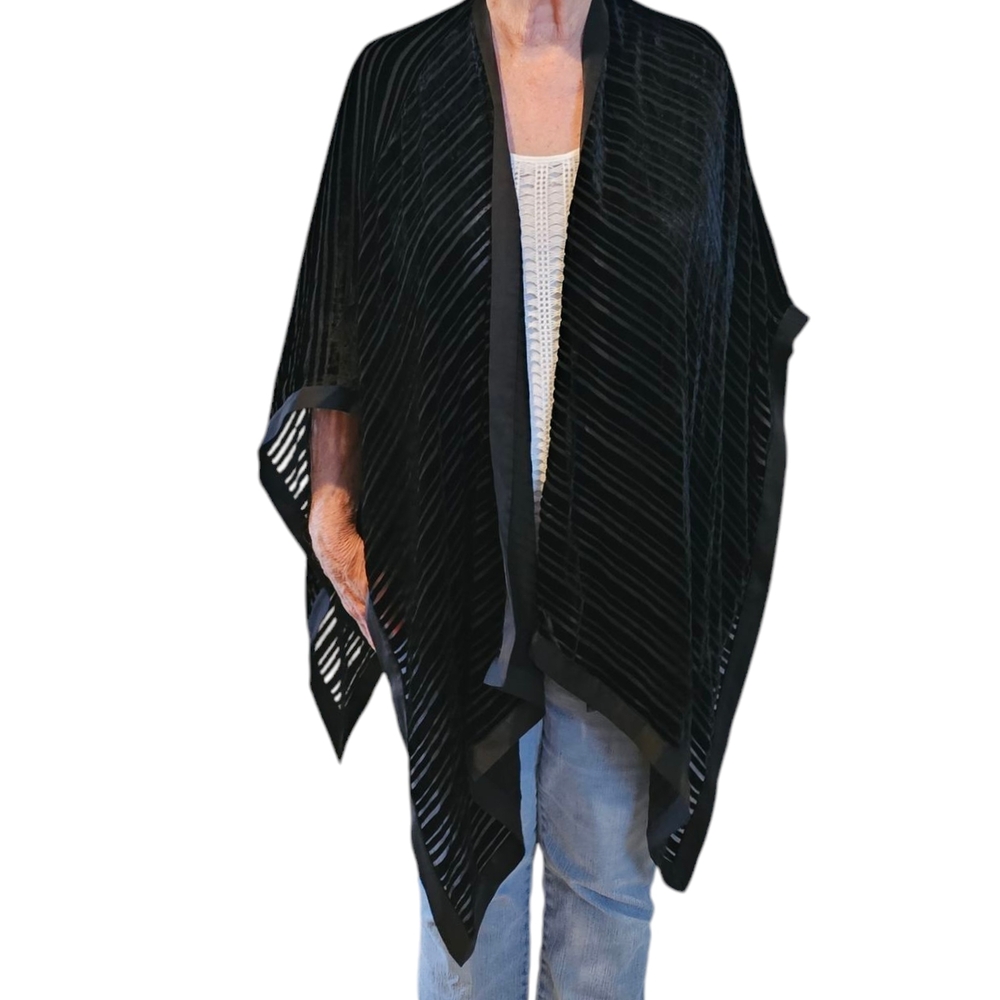Eileen Fisher Silk Blend Black Shawl With Shear and Black Velvet Stripes
